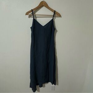 Flou Hemp Flax Asymmetric Hem Maxi Slip Dress Blue Adjustable Strap Side Slit-S